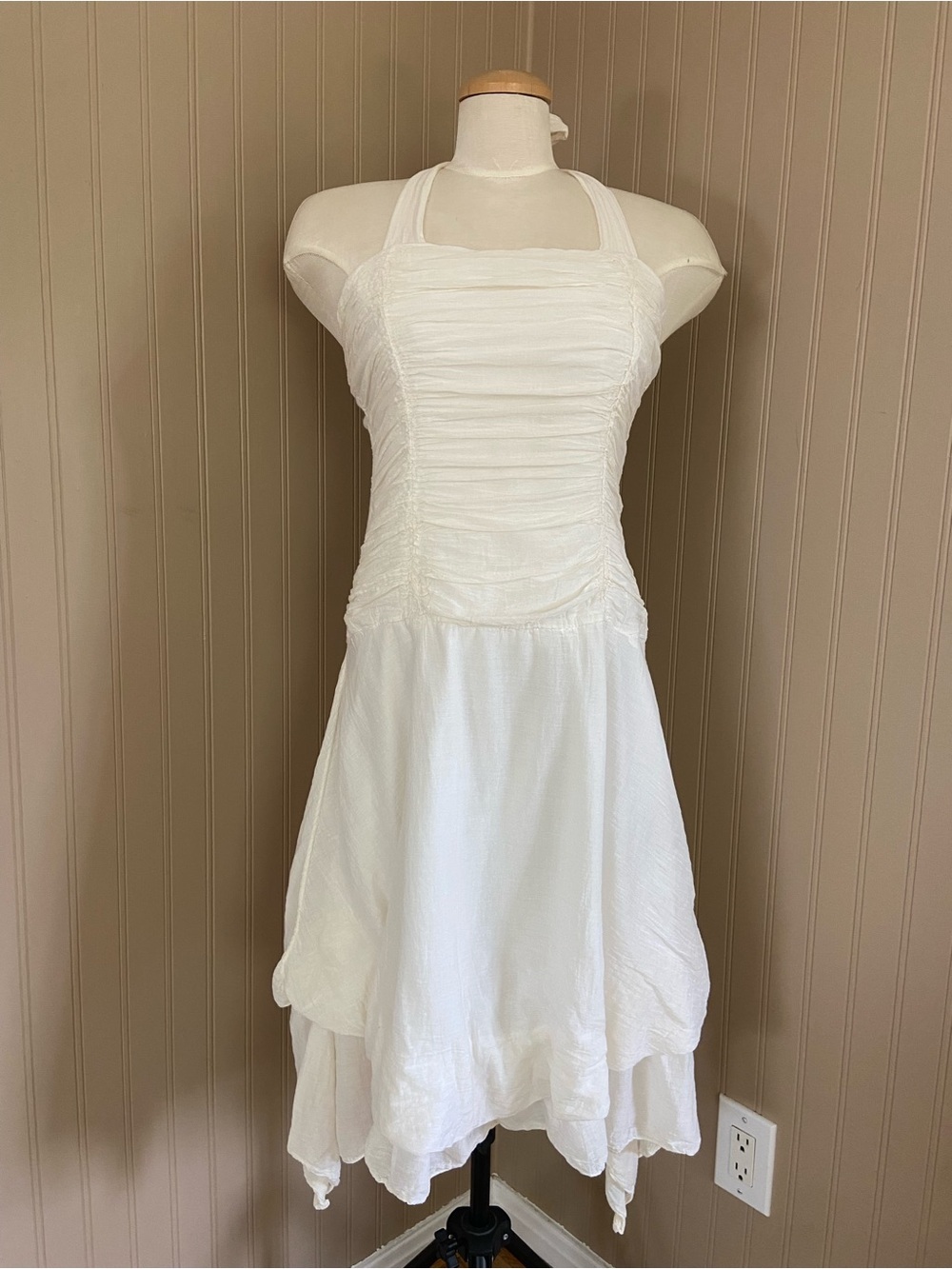 Unknown Brand Cotton Gauze Off White/Cream Tie Neck Midi Dress Size M-L